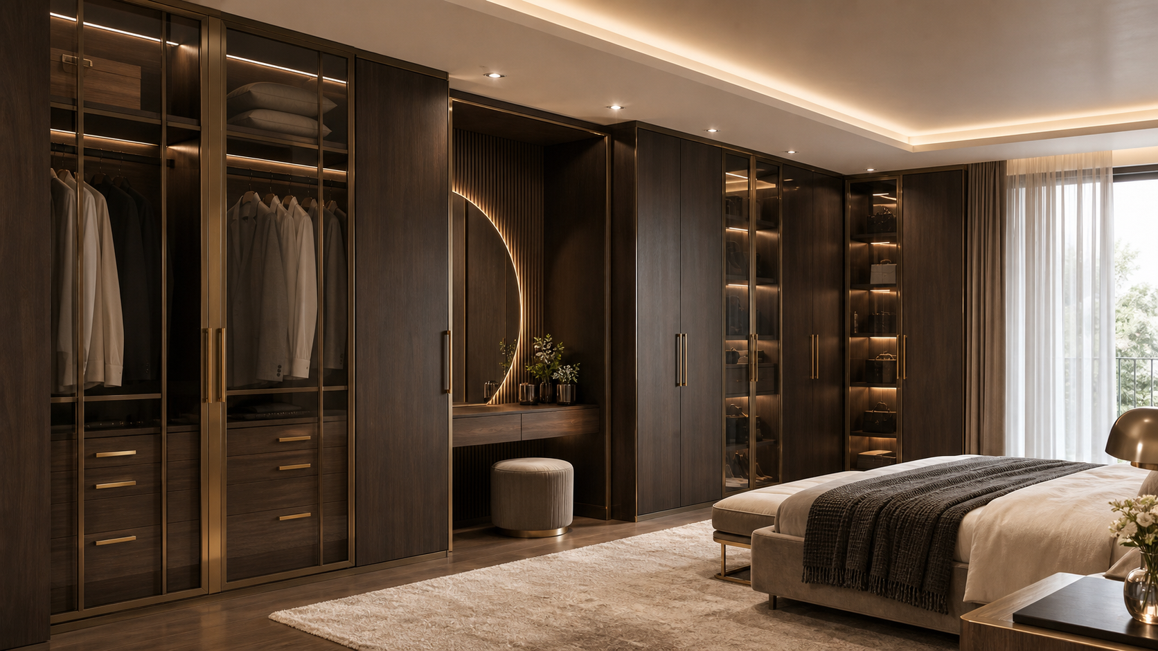 Closet planejado premium com portas de vidro, madeira escura e iluminação quente