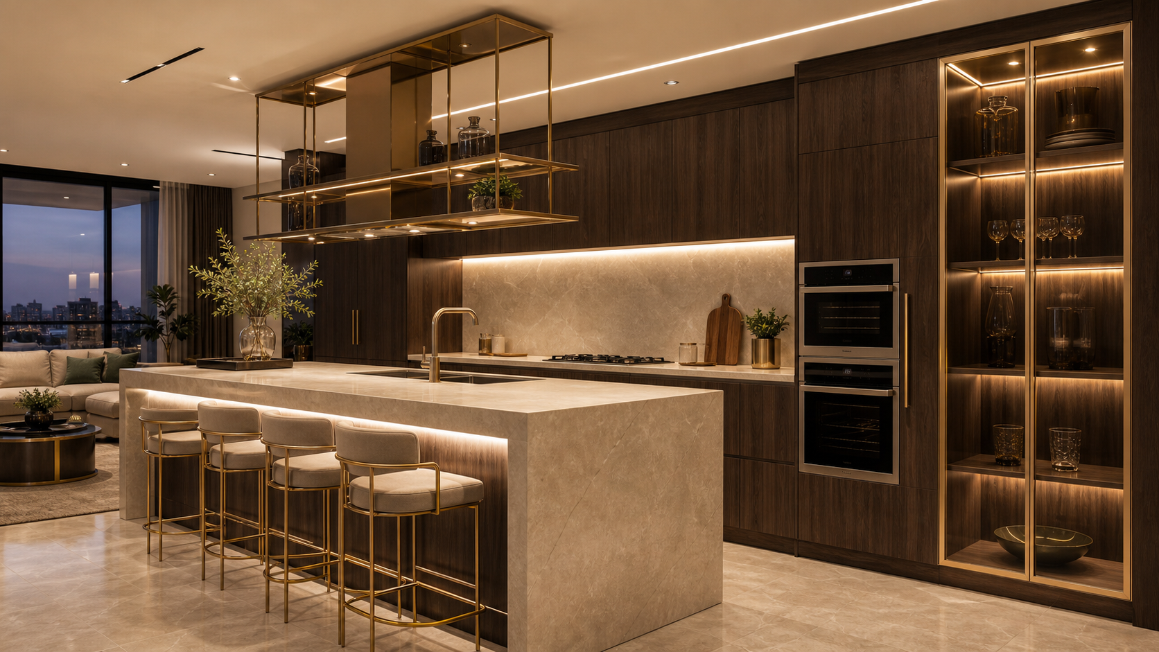 Cozinha planejada premium com ilha, marcenaria escura e iluminação embutida