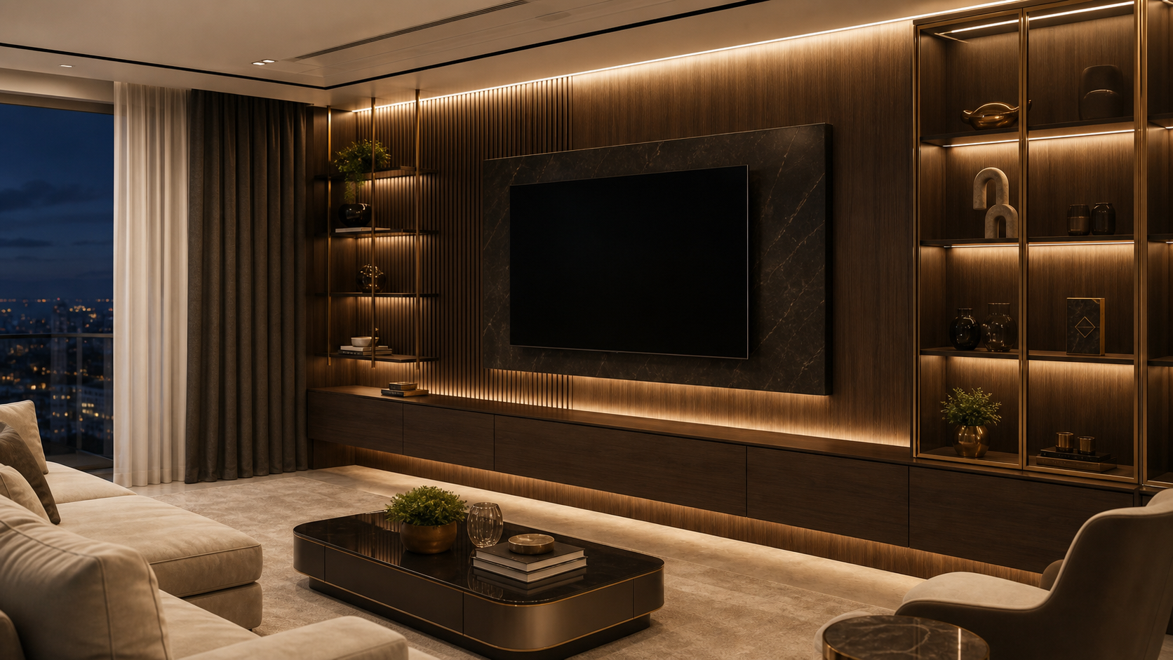Sala premium com painel de TV planejado, rack flutuante e iluminação indireta